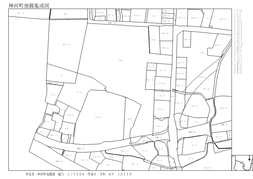 隣接する複数の土地の位置や形状が記載された図面です。