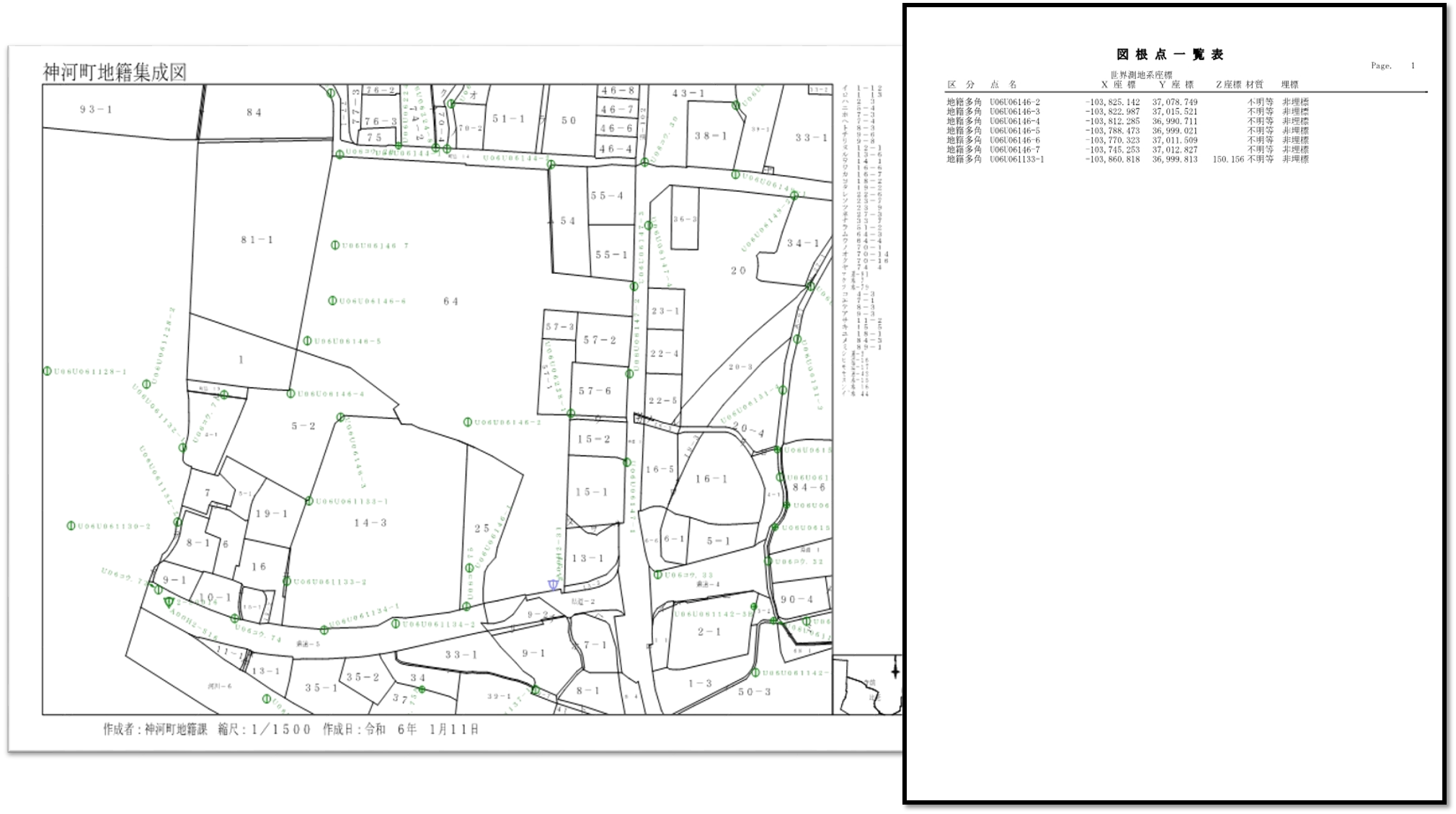 隣接する複数の土地の位置や形状が記載された図面に、測量基準点の位置を記載した図面と、その基準点の座標を添付した帳票です。