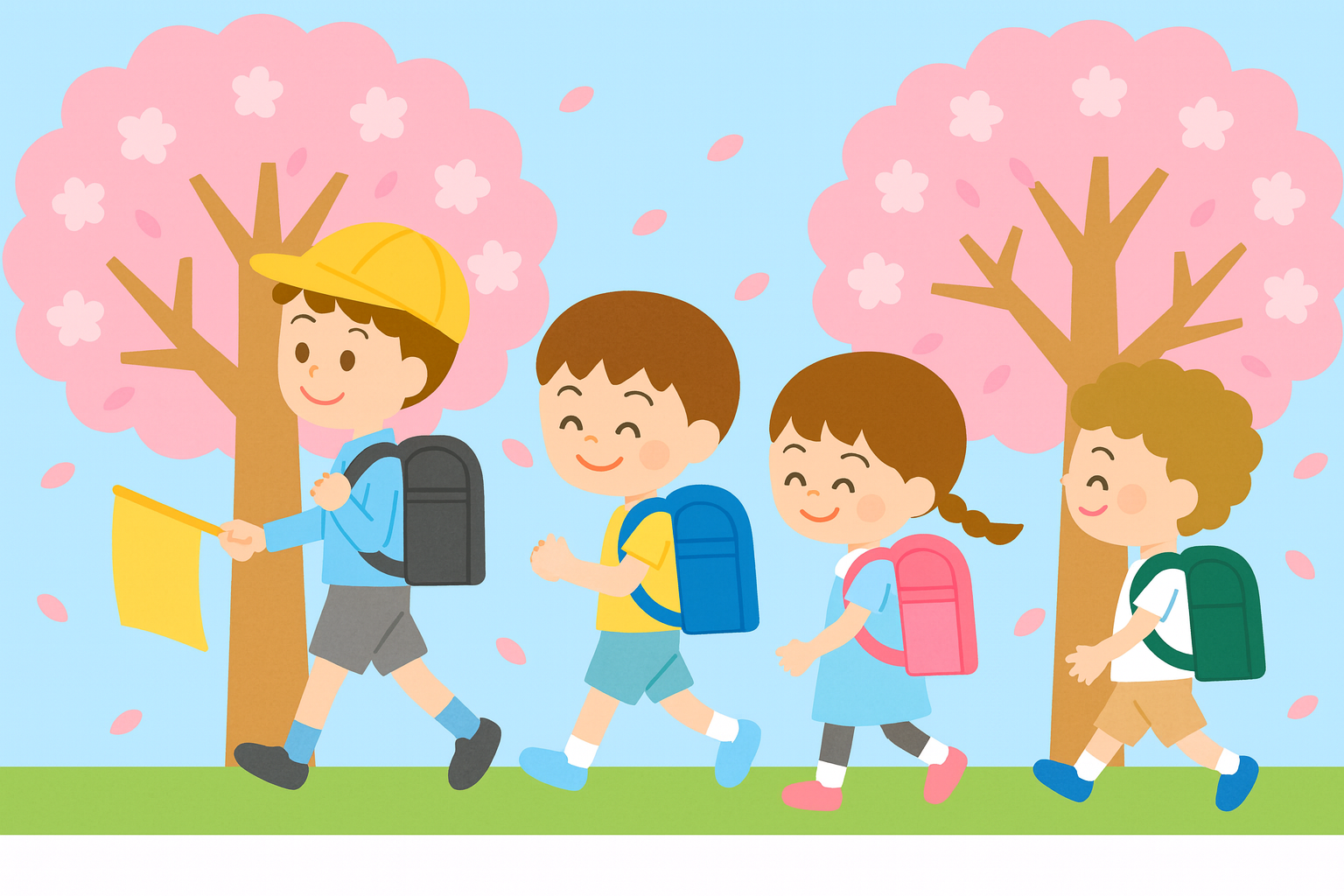 桜の花の中、学校へ通うこども達のイラスト