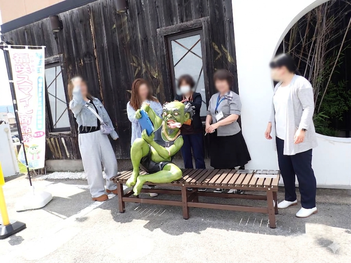 小豆洗いのオブジェの前で話をする参加者の写真