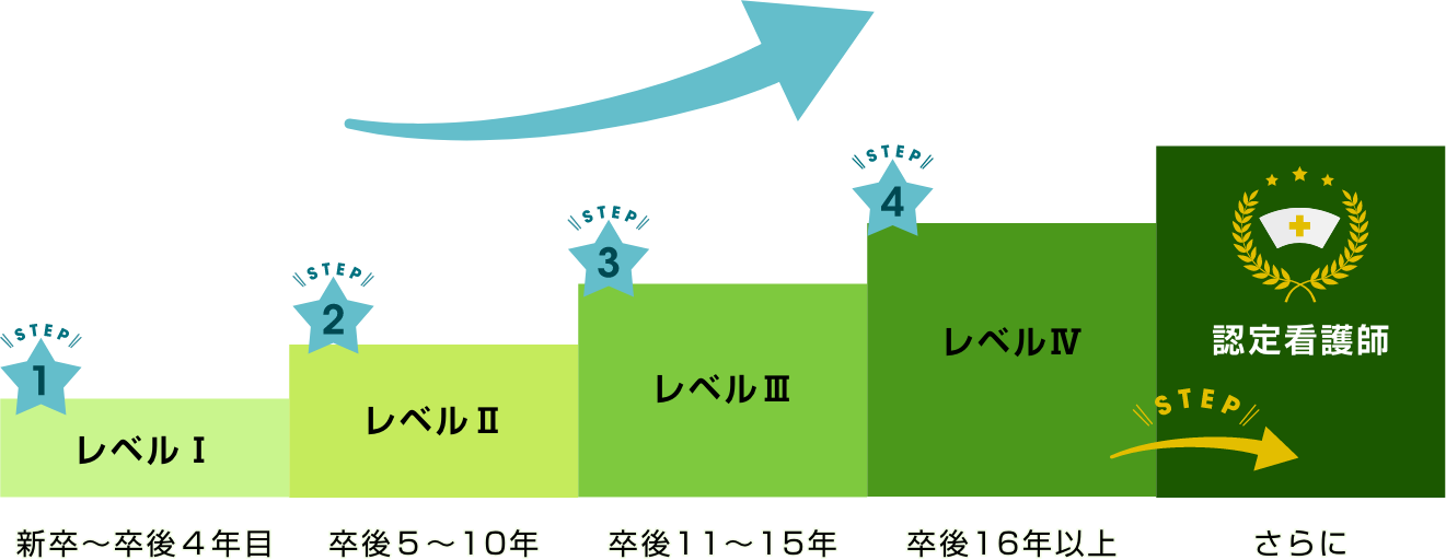 レベル1　新卒から卒後4年。レベル2　卒後5年から10年。レベル3　卒後11年から15年。レベル4 卒後16年以上。さらに上を目指すと認定看護師。